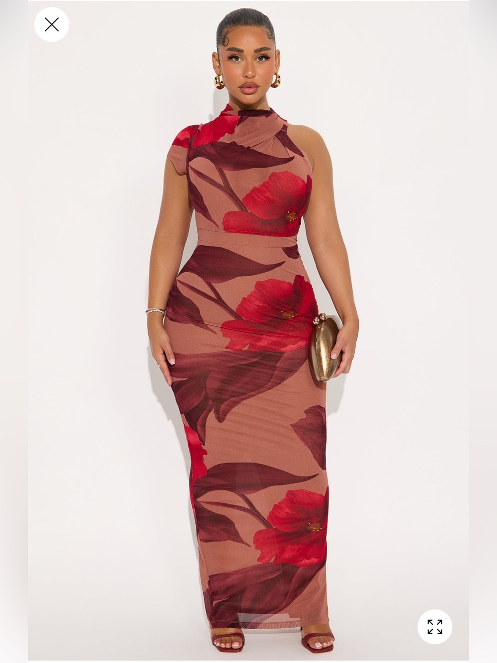 Fashion Nova Brown Maxi Dress with Red Floral Print
